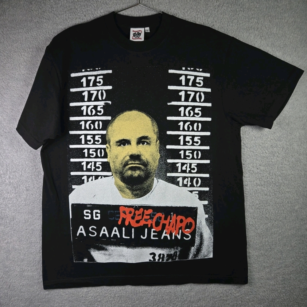 Asaali Jean Co. Free Chapo T Shirt Mens Medium Black Cartel Gang Mugshot Sinaloa